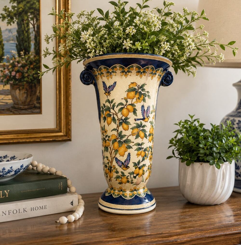Large Porcelain Lemon Citrus Botanical Vase Cobalt Blue Handles 13" Asian Decor